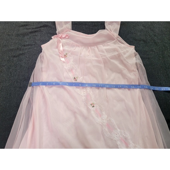 Vintage 60s 70s Movie Star Pink Nightgown Layered Bow Lingerie Small Lace Baby - Picture 7 of 8